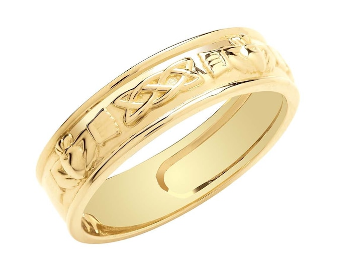 9ct Yellow Gold 6mm Embossed Celtic Knot Irish Claddagh Ring Hallmarked 375 - Solid 9K Gold