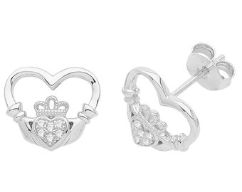 925 Sterling Silver Cz 10mm Irish Claddagh Heart Shaped Stud Earrings