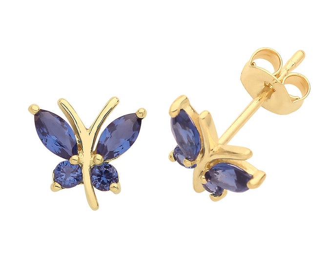 9ct Yellow Gold Sapphire Blue Cz Butterfly Stud Earrings 6x5mm - Real 9K Gold