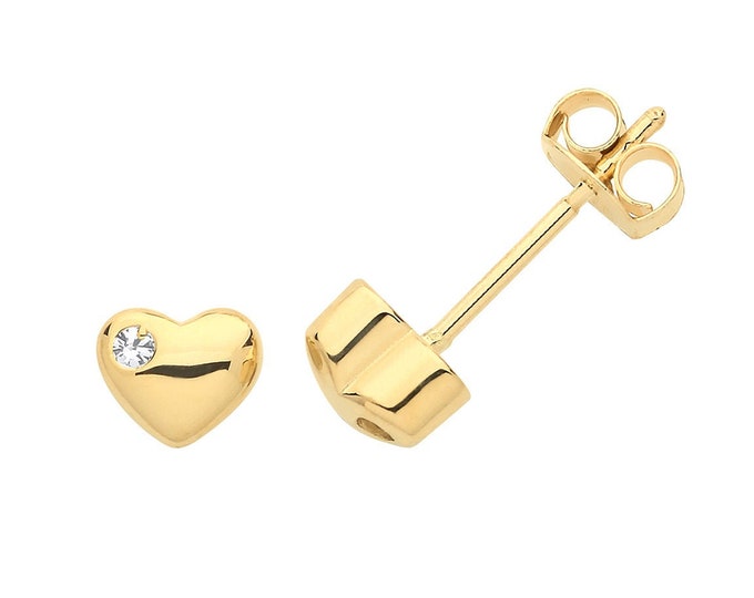 9ct Yellow Gold 6mm Domed Heart Single Cz Stud Earrings - Real 9K Gold