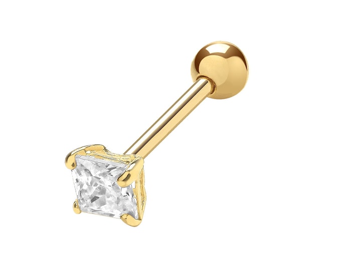 SINGLE 9ct Yellow Gold 3mm Solitaire Princess Cz Cartilage Stud 7mm Post Screw Back Earring - Real 9K Gold