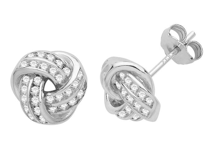 925 Sterling Silver 8mm Channel Set Cz Twisted Knot Stud Earrings