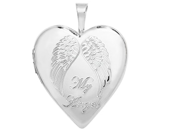 Sterling Silver Engraved My Angel Wings Heart Shaped 2cm Locket