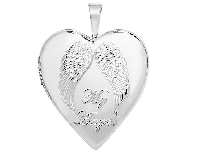 Sterling Silver Engraved My Angel Wings Heart Shaped 2cm Locket