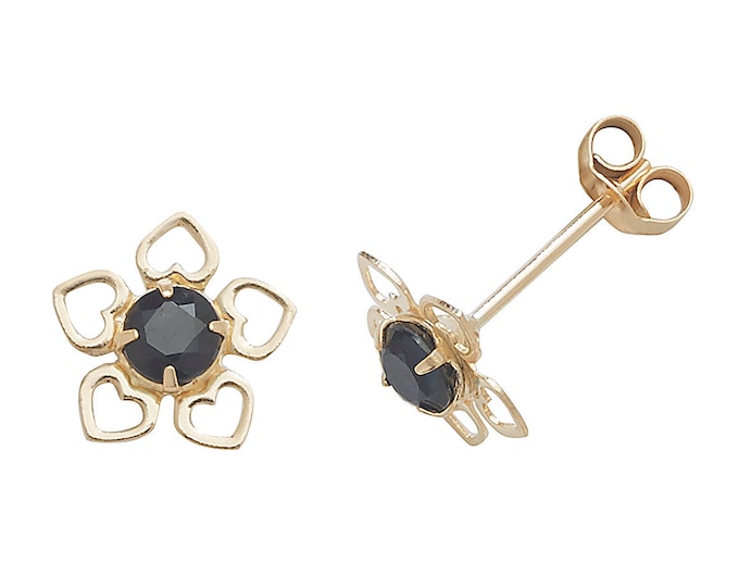 Dark Blue Sapphire Flower Heart Petal Stud Earrings - 9ct Yellow Gold 3.5mm Real Sapphire- Real 9K Gold