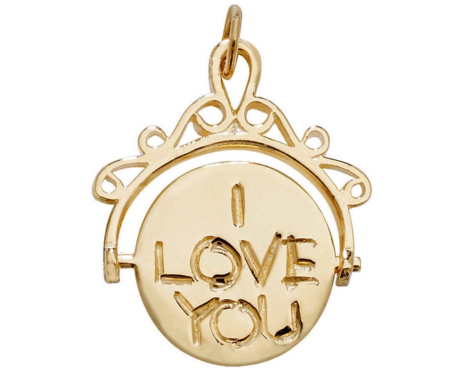 9ct Yellow Gold 'I Love You' Spinner 15mm Round Disc Charm Pendant Hallmarked 375 - Real 9K Gold