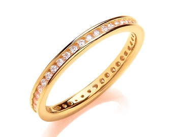 Yellow Gold on 925 Sterling Silver 2mm Full Channel Set Cz Eternity Ring