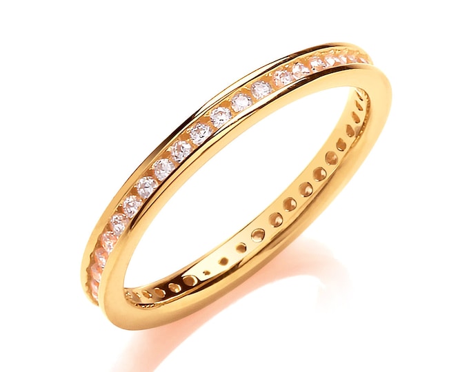 Yellow Gold on 925 Sterling Silver 2mm Full Channel Set Cz Eternity Ring