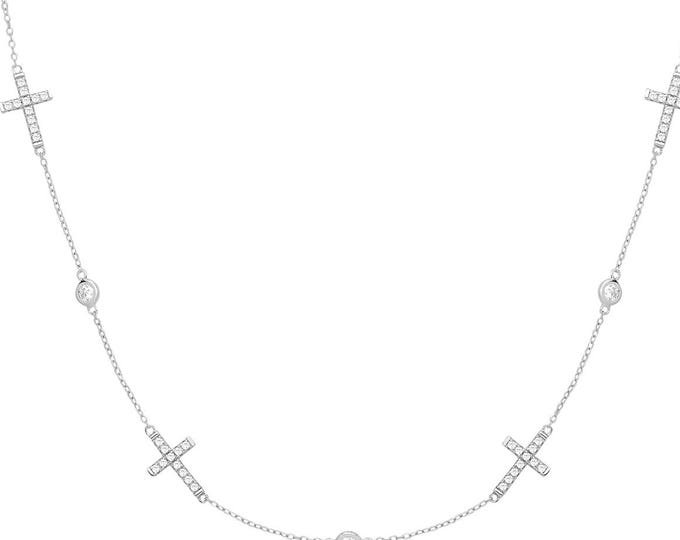 Ladies Fine Sterling Silver CZ 18" Crosses Necklace Rhodium Plated