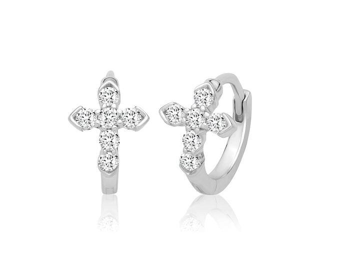 925 Silver 12mm Cz Cross Huggie Hoop Earrings Rhodium Plated