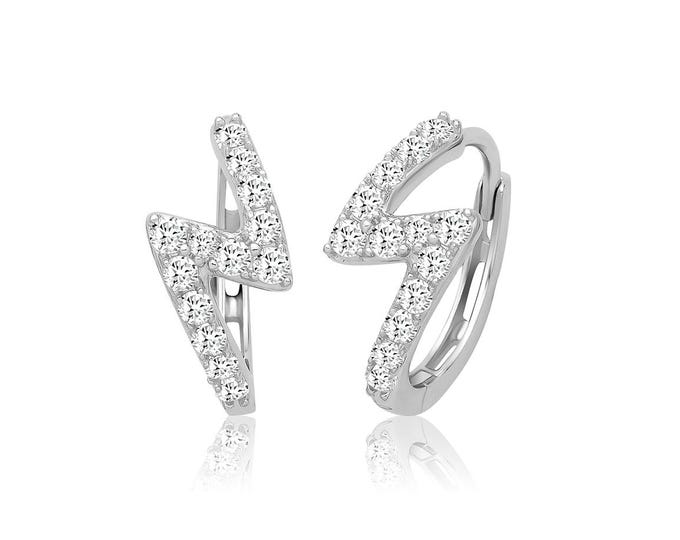 Silver Pave Cz Lightning Bolt Huggies Hoop Earrings 14mm