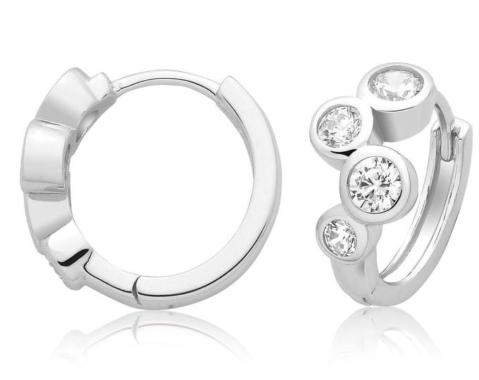 925 Sterling Silver 14mm Diameter Bezel Set Cluster Cz Hinged Clicker Hoop Earrings Rhodium Plated