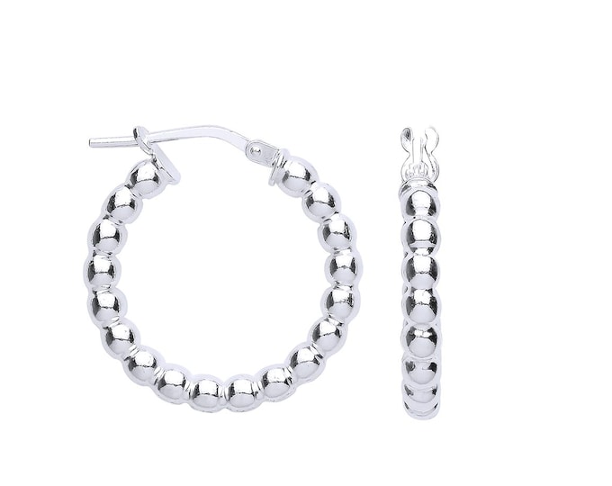 Sterling Silver Bead Design 20mm Diameter Hoop Earrings