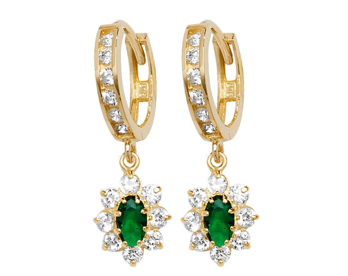 9ct Yellow Gold 10mm Channel Set Cz Hinged Hoop Earrings With Real Emerald Cluster Drop - Real 9K Gold