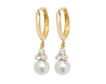 9ct Yellow Gold Hinged Hoop White Pearl & Cz Cluster 2cm Drop Earrings - Real 9K Gold