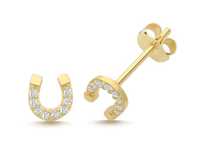 Small 9ct Yellow Gold 5x5mm Lucky Horseshoe Pave Cz Stud Earrings - Real 9K Gold