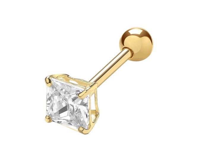 SINGLE 9ct Yellow Gold 4mm Solitaire Princess Cz Cartilage Stud 7mm Post Screw Back Earring - Real 9K Gold