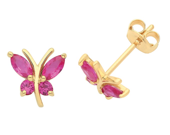 9ct Yellow Gold Ruby Red Cz Butterfly Stud Earrings 6x5mm - Real 9K Gold