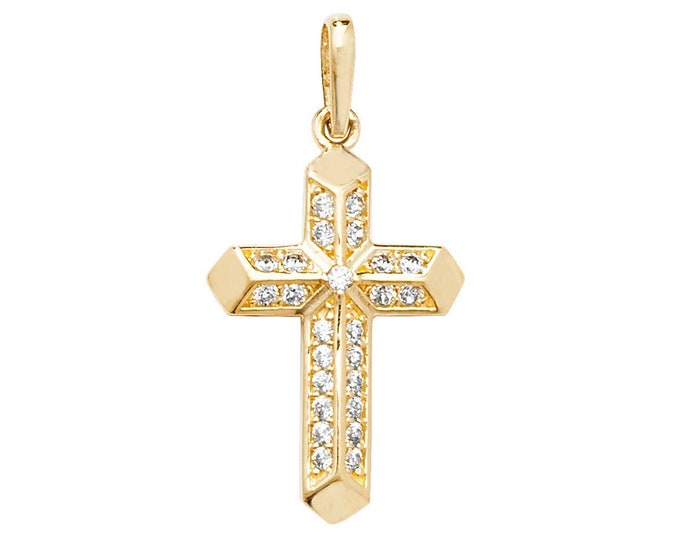 Small 9ct Yellow Gold 1.5cm Cross Pendant Pave Set With Cz Stones - Real 9K Gold