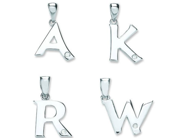 9ct White Gold Solitaire Rubover Set Diamond Initial Pendant Letters A-W - Real 9K Gold