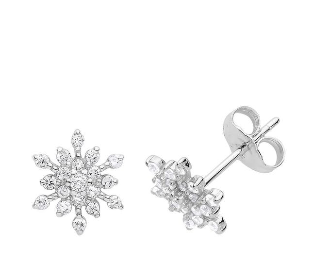 Sterling Silver 8mm Pave Cz Celestial Snowflake Stud Earrings