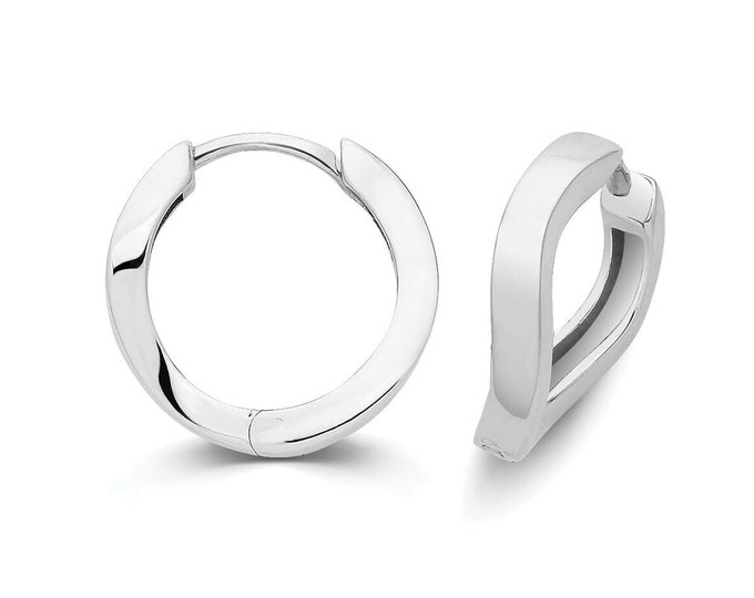 Rhodium Plated 925 Sterling Silver Twisted Squared Clicker Huggies Hoop Earrings 10mm 12mm
