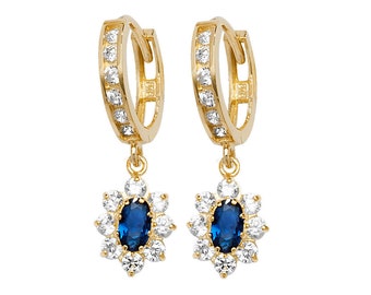 9ct Yellow Gold 10mm Channel Set Cz Hinged Hoop Earrings With Real Sapphire Cluster Drop - Real 9K Gold