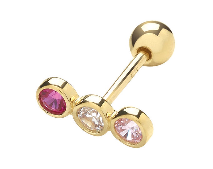 SINGLE 9ct Gold 3 Stone Bezel Rubover Pink Cz Helix Cartilage 6mm Bar Screw Back Stud Earring - Real 9K Gold