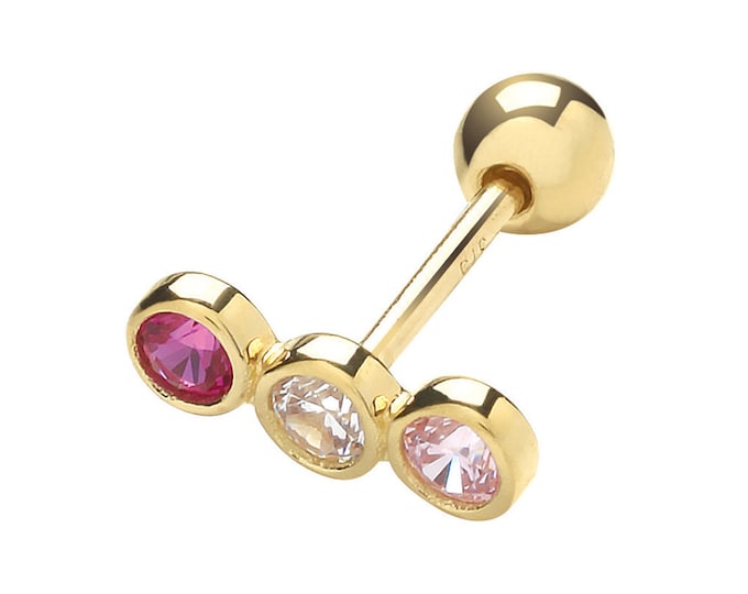 SINGLE 9ct Gold 3 Stone Bezel Rubover Pink Cz Helix Cartilage 6mm Bar Screw Back Stud Earring - Real 9K Gold