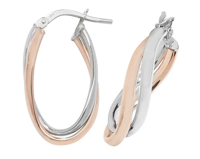 9ct Bi Colour Rose & White Gold 20x14mm Twisted Wave Double Oval Hoop Earrings - Real 9K Gold