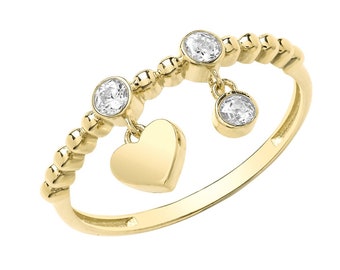 Ladies 9ct Yellow Gold 1.7mm Bobble Bead Ribbed Ring With Cz & Heart Charm Hallmarked 375 - Real 9K Gold