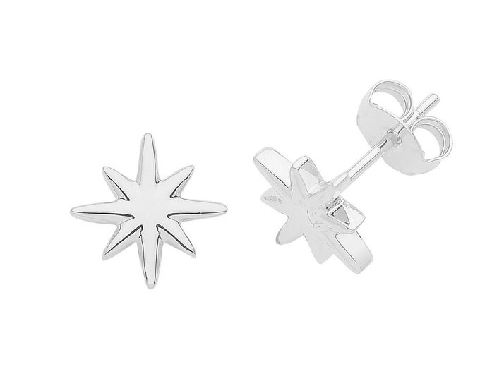 925 Sterling Silver Plain Polished 8mm Eight Pointed Star Stud Earrings Rhodium Plated
