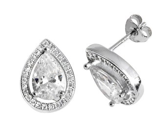 925 Sterling Silver Teardrop Cluster Pear Cut Cz Stud Earrings