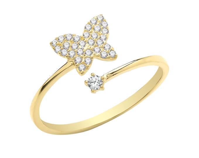 Ladies 9ct Yellow Gold Cz Pave Set Butterfly Torque Ring 375 - Real 9K Gold