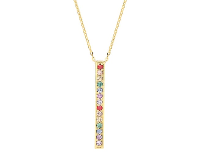 9ct Yellow Gold Multi Color Cz Rainbow Bar Charm 15.5" to 17.5" Necklace Hallmarked - Real 9K Gold