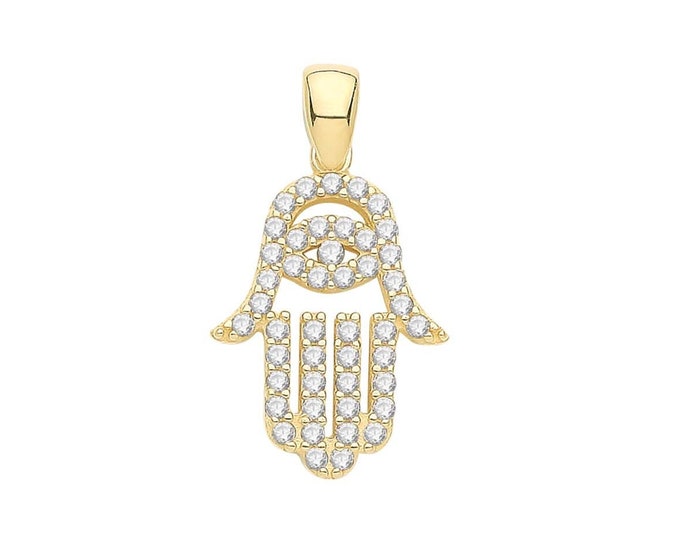 9ct Yellow Gold 12x9mm Pave Cz Evil Eye Hamsa Hand Charm Pendant - Real 9K Gold