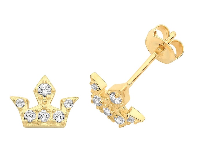 9ct Yellow Gold Pave Cz Regal Crown Shaped Stud Earrings - Real 9K Gold