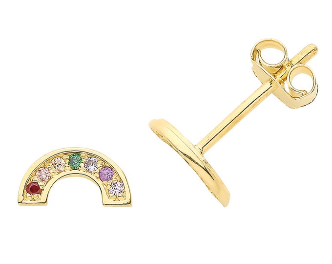 9ct Yellow Gold Small 7mm Multi Coloured Cz Pave Set Rainbow Stud Earrings- Real 9K Gold