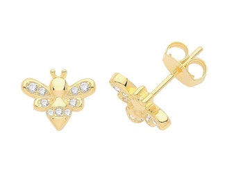 Gold Plated 925 Sterling Silver Cz 8x6mm Bumble Bee Stud Earrings