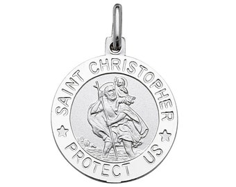 Solid Silver 1.8cm St Christopher Protect Us Medallion Charm Pendant & Chain