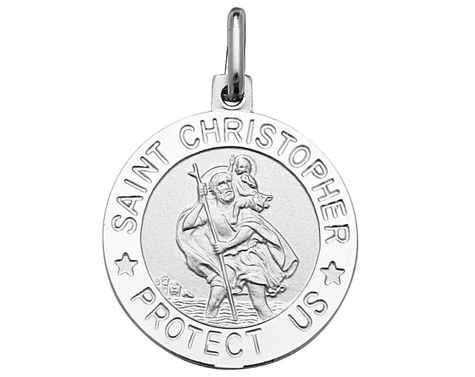 Solid Silver 1.8cm St Christopher Protect Us Medallion Charm Pendant & Chain