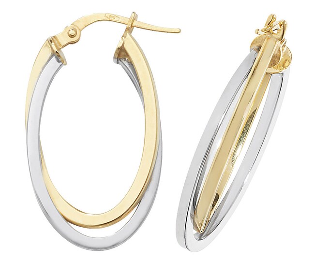 9ct Bi Colour Gold 20x14mm Flat Interlocked Double Oval Hoop Earrings - Real 9K Gold