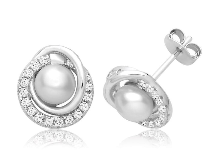 Rhodium Plated 925 Sterling Silver 10mm Interlinking Freshwater Pearl Cz Circle Stud Earrings
