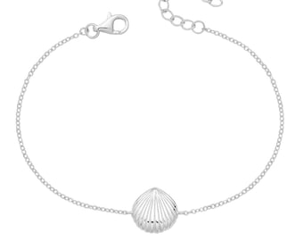 925 Sterling Silver Shell Shaped 7.5" Charm Bracelet Rhodium Plated