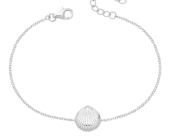 925 Sterling Silver Shell Shaped 7.5" Charm Bracelet Rhodium Plated