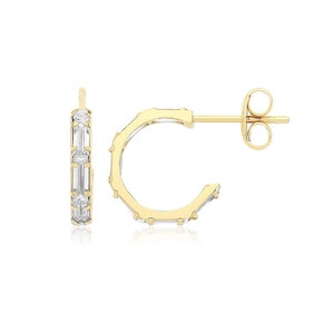 9ct Yellow Gold 10mm Diameter Half Hoop Baguette Cz Stud Earrings - Real 9K Gold