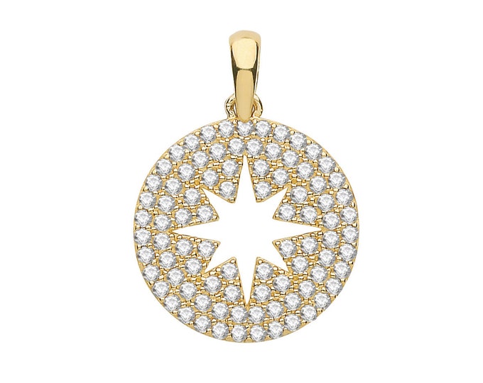 9ct Yellow Gold 10mm Round  Cz Disc Cut Out Star Charm Pendant - Solid 9K Gold