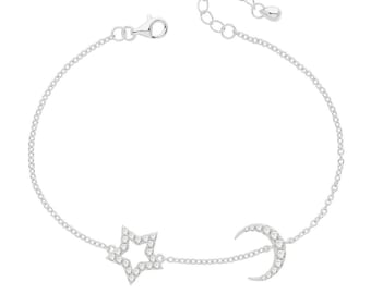 925 Sterling Silver Pave Cz Star & Moon 7" Bracelet Rhodium Plated