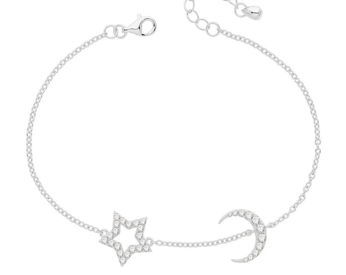 925 Sterling Silver Pave Cz Star & Moon 7" Bracelet Rhodium Plated