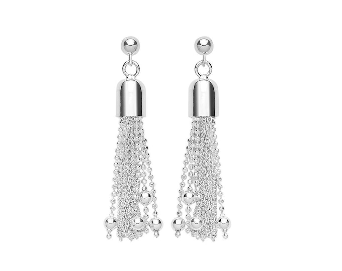 925 Sterling Silver 35mm Beaded Tassel Chain Drop Earrings